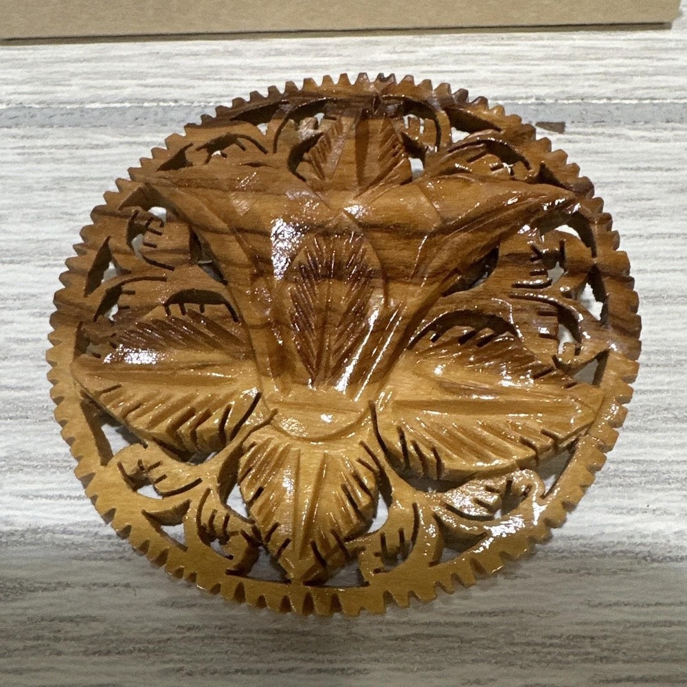 Carved Olive Wood Brooch Pin w/ Box & Story Brown Floral Design 2" Vintage